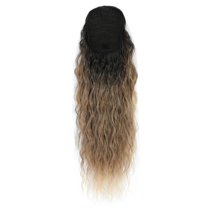 Drawstring Ponytail Extension Synthetic Heat Resistant Fiber Ombre Blond 28inch Long Hollywood Water Body Wave Clip in Hair