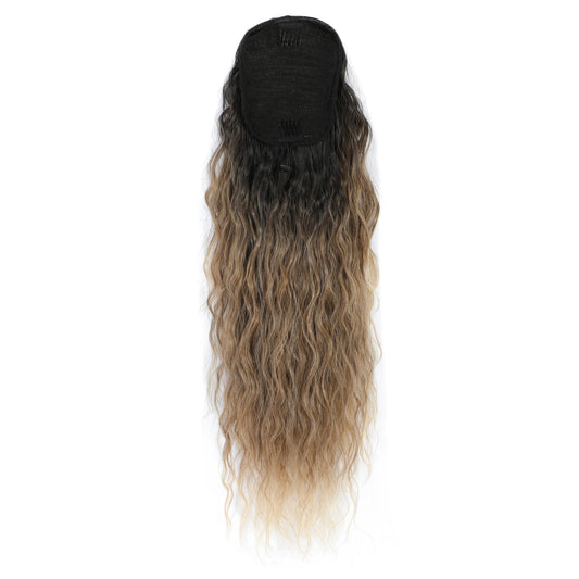 Drawstring Ponytail Extension Synthetic Heat Resistant Fiber Ombre Blond 28inch Long Hollywood Water Body Wave Clip in Hair