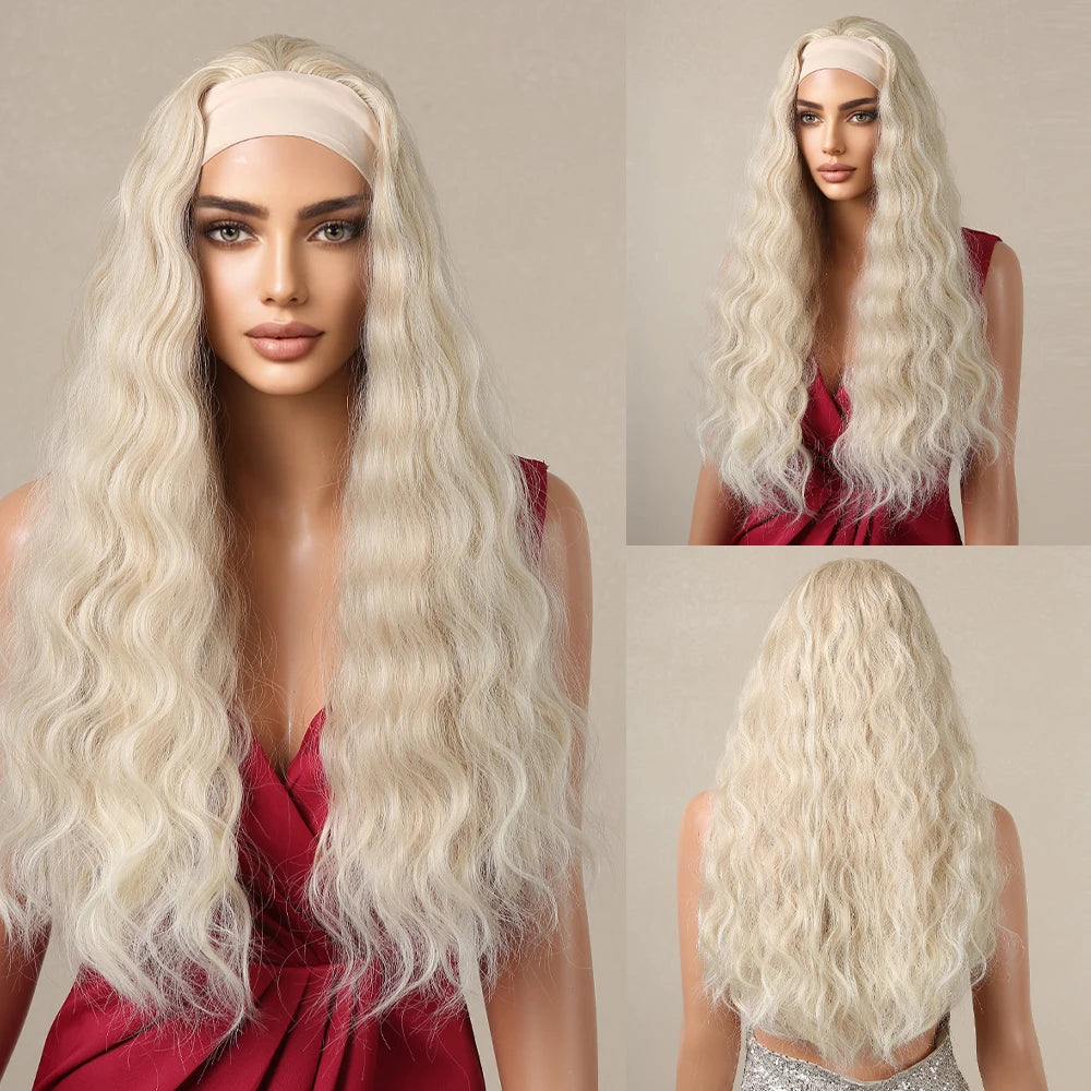 Blonde Synthetic Headband Wigs Long Water Wavy Wig for Women Daily Party Heat Resistant Fiber Natural Looking Realistic Hair