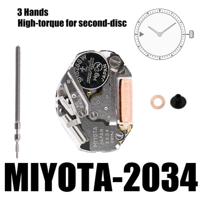 2034 Movement Miyota 2034 movement  3 Hands High-torque for second-disc Size 6 3/4×8’’’Height 3.15mmBattery Life 14 months