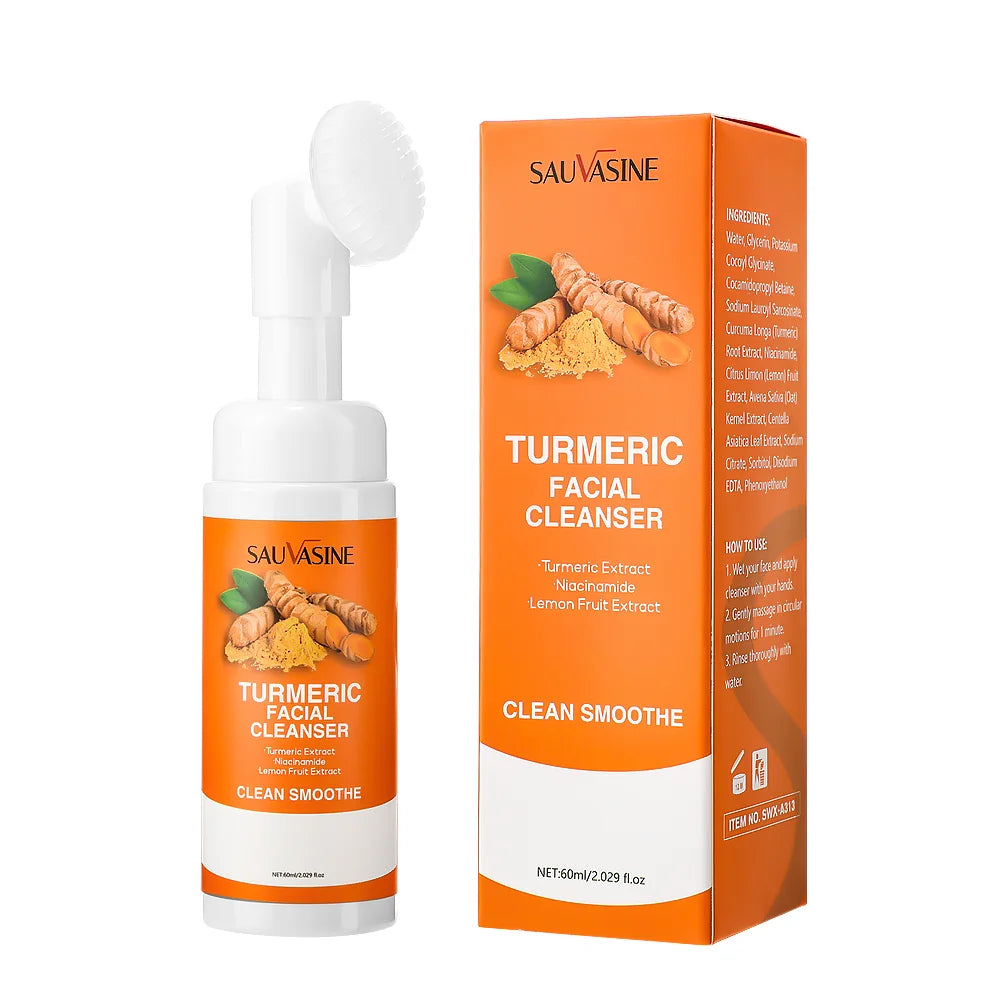 Turmeric Cleanser Moisturize Facial Brightening Skin Tone Daily Face Wash Foam with Brush Skin Care Clean Lemon Fruit Extract