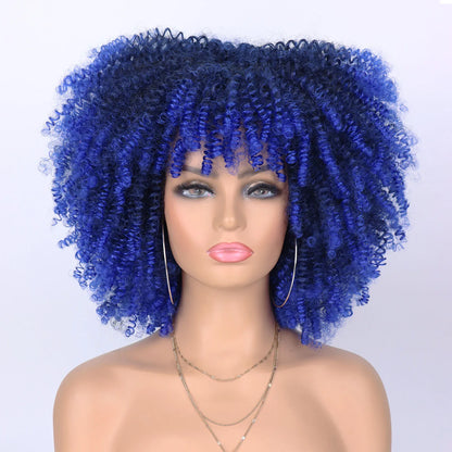Tereshar Synthetic Short Curly Wigs for Black Women Afro Wig With Bangs Short Afro Kinky Curly Wig for Daily Party Wear