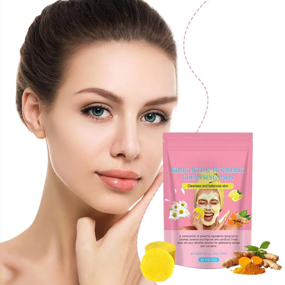 60pcs Turmeric Kojic Acid Cleansing Pads Exfoliating Pads Facial Sponges Deep Moisturizing Cleansing Gentle Natural Daily Skin C