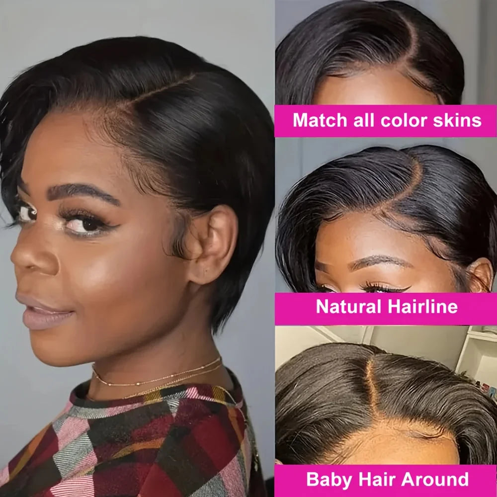 Straight Pixie Cut Wig Transparent Lace Human Hair 13×4 Human Hair Wigs Short Bob Wig For Black Woman Babyhair Natural Hairline