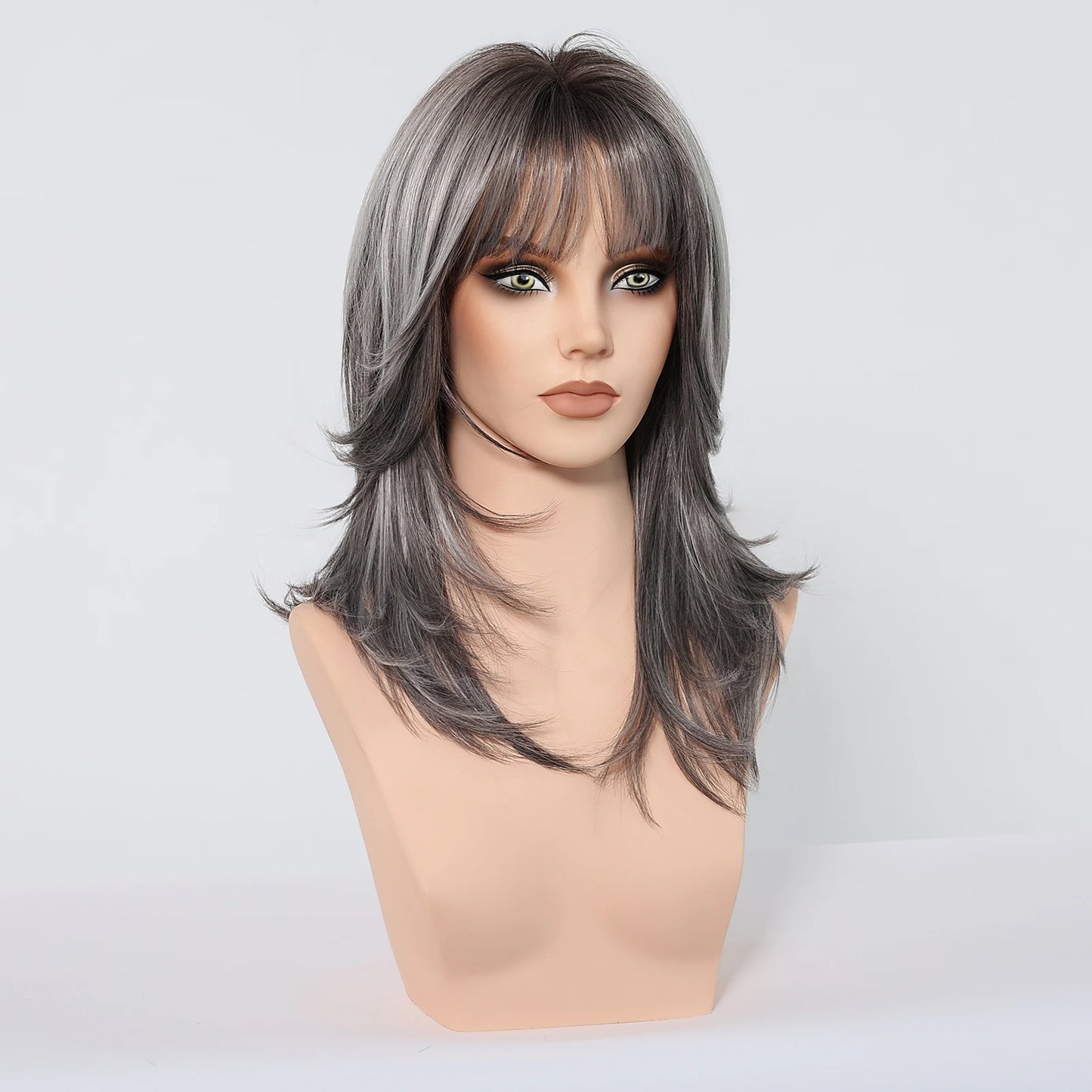 Medium Length Straight Wigs Gray Layered Synthetic Wigs With Bangs For Women Party Cosplay Natural Heat Resistant Fake Hair