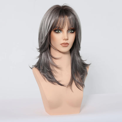 Medium Length Straight Wigs Gray Layered Synthetic Wigs With Bangs For Women Party Cosplay Natural Heat Resistant Fake Hair