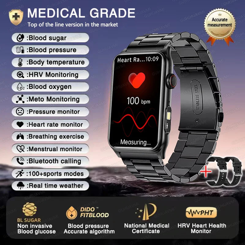 2025 New AI Medical Diagnosis Blood sugar Blood pressure Blood oxygen Smart Watch For Men Bluetooth Call LED Health Smart watch