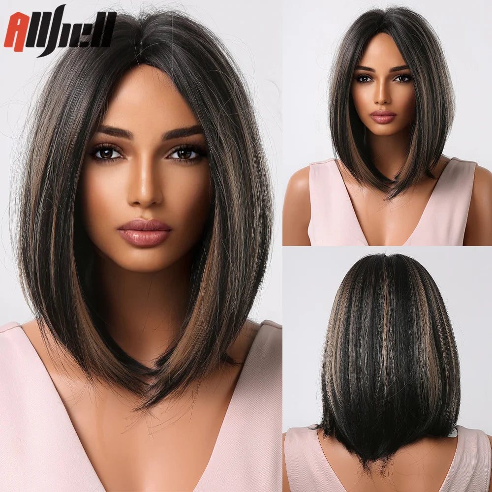 Medium Length Chestnut Brown Synthetic Wigs Middle Part Wine Red Highlights Straight Wig Heat Resistant for Women Party Cosplay