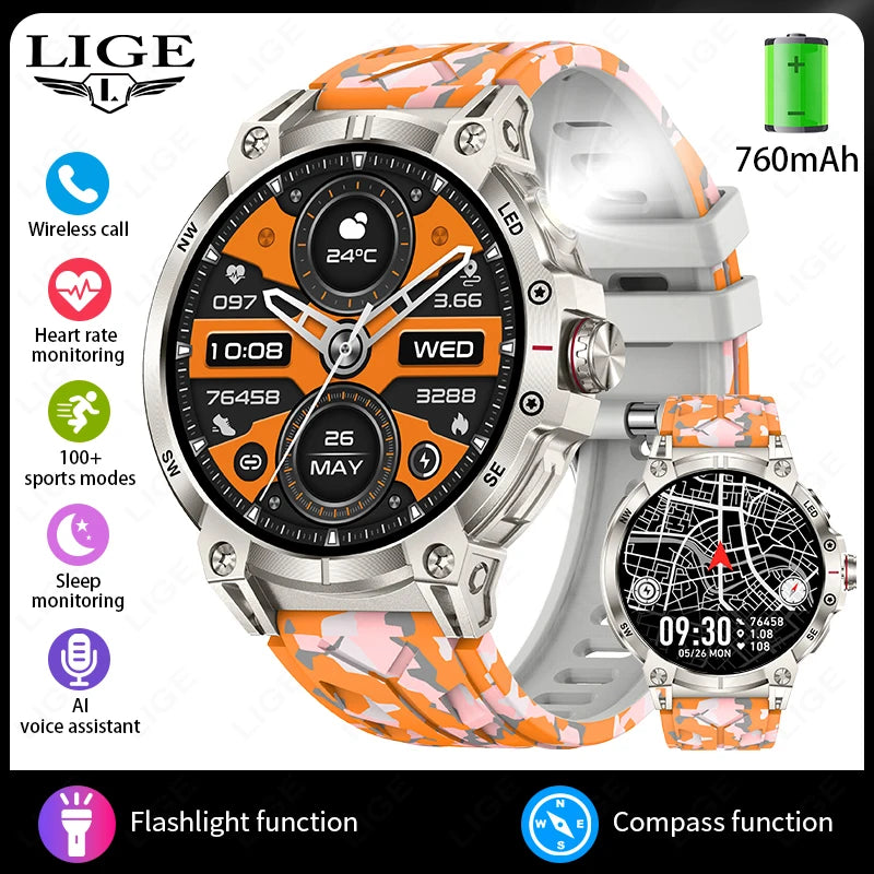 LIGE Outdoor Flashlight Smart Watch 1.85" HD Large Screen GPS Compass Bluetooth Call Fitness Sports IP68 Waterproof Smart Watch