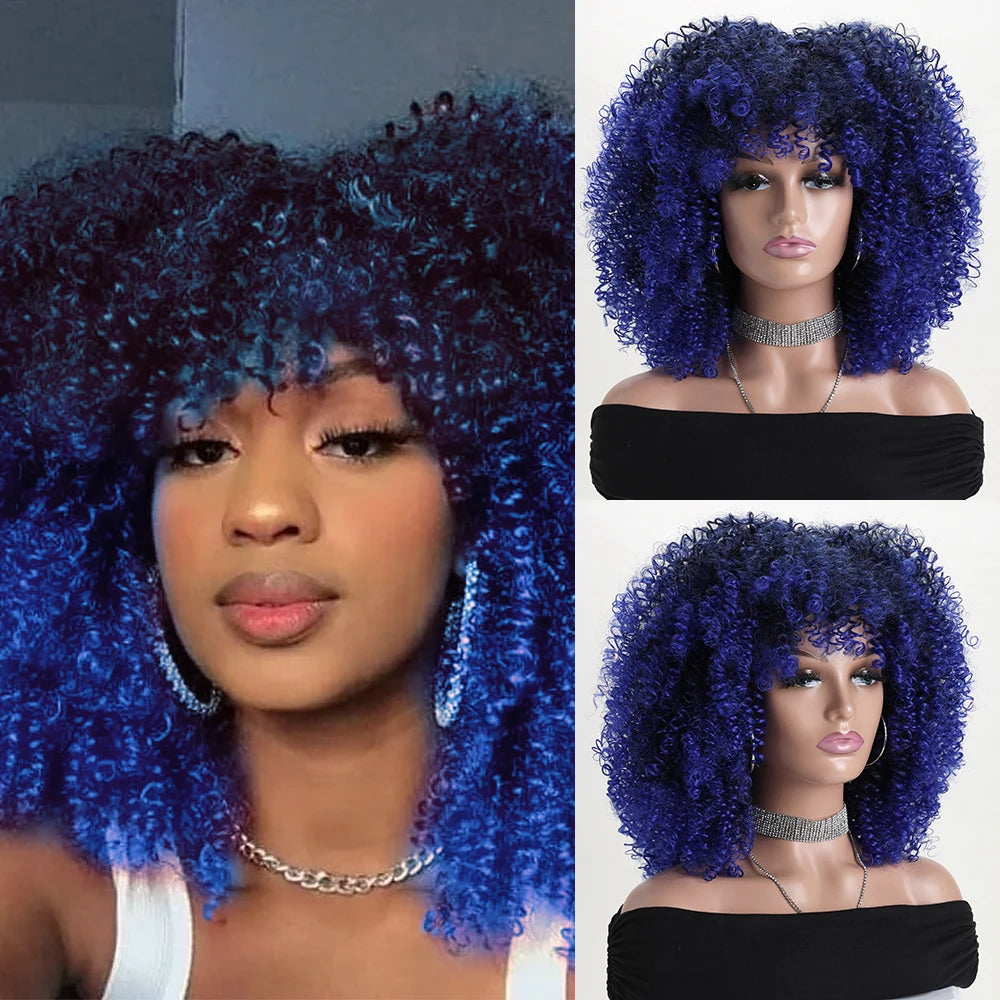 16 Inch Afro Kinky Curly Synthetic Hair Gradient Purple Wigs With Bangs Soft Fluffy Fiber  Wigs For Party Cosplay Daily Use