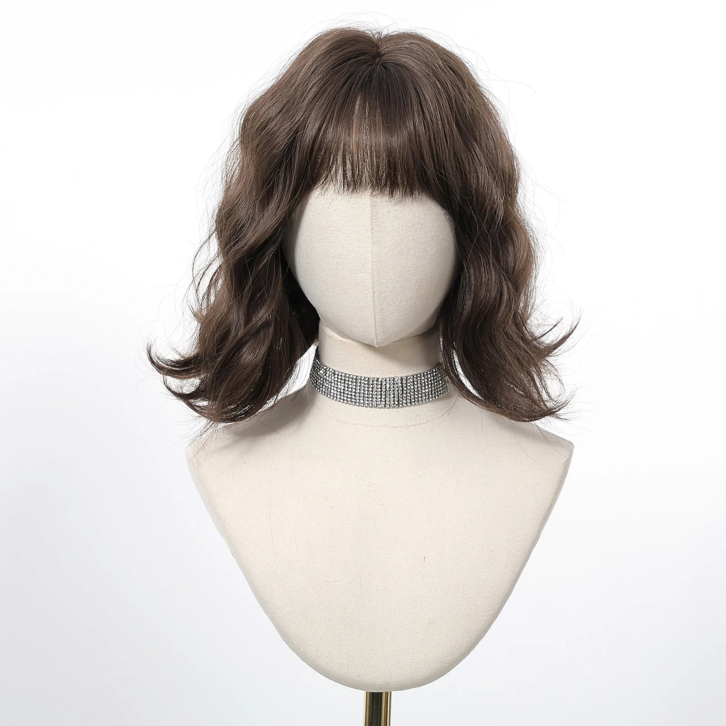 12 Inch Brown Bob Natural Wig Synthetic Cute Hair Short Wavy Curly Wig With Bangs For Women Daily Party Use Heat Resistant Fiber