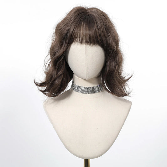 12 Inch Brown Bob Natural Wig Synthetic Cute Hair Short Wavy Curly Wig With Bangs For Women Daily Party Use Heat Resistant Fiber