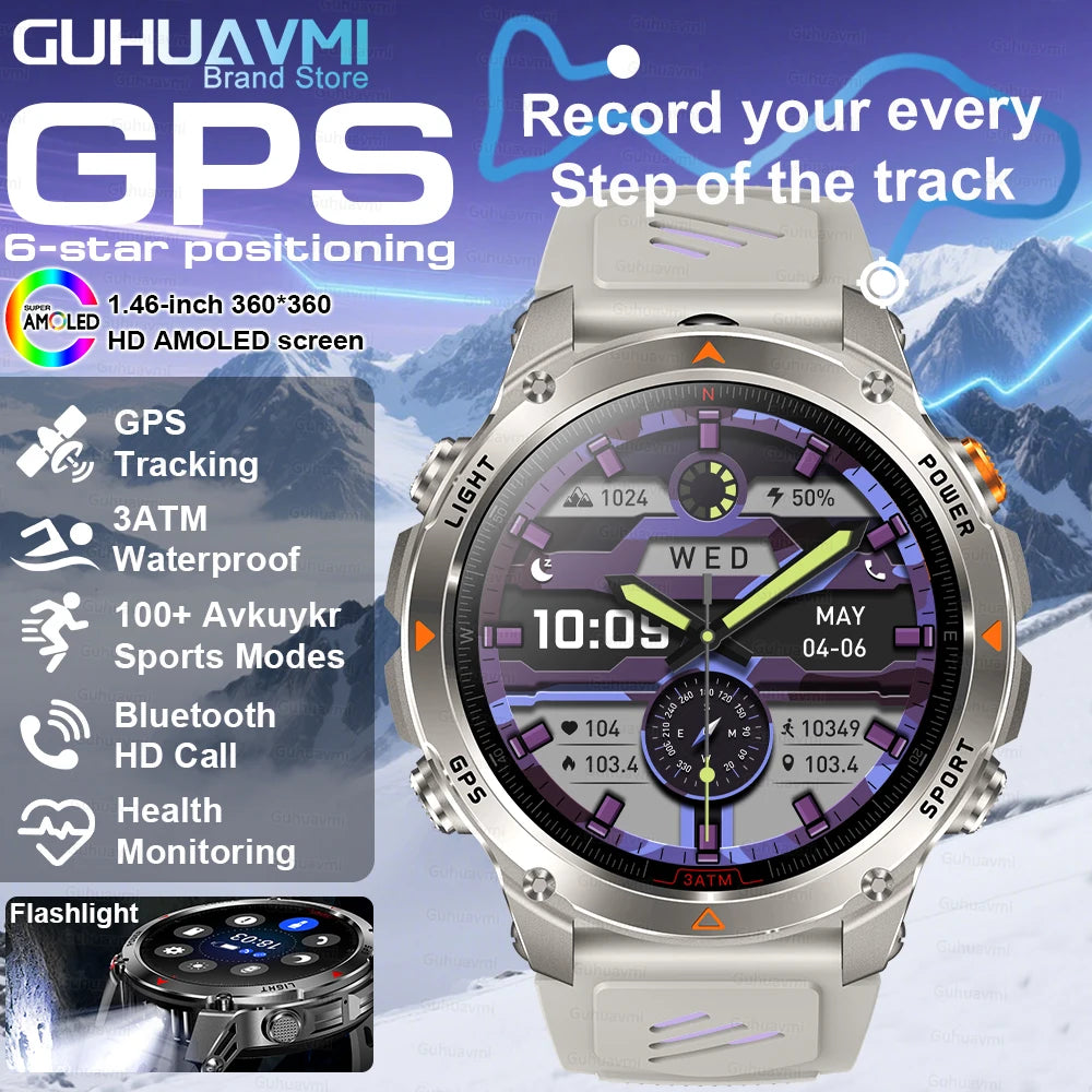 2025New Outdoor Military Smart Watch Bulit-in GPS Compass Altimeter Barometric 3ATM Waterproof AMOLED Bluetooth Call Smart Watch