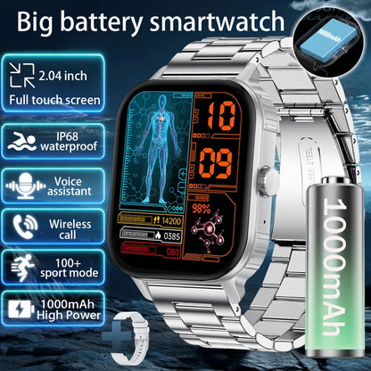 2025 new smart watch 1000MAH 2.04 inch ultra HD screen all day health heart rate detection 70+ sports IP68 waterproof BT call