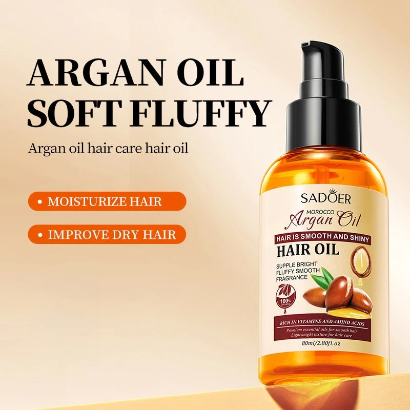 80ml Argan Oil Hair Care Essential Oil, Conditioner, Contains Argan Extract, Refreshing and Non-Greasy, Easy to Absorb, Cares for Hair, Moisturizes Dry and Frizzy Hair, Makes Hair Silky and Easy to Comb, Suitable for Dry Hair