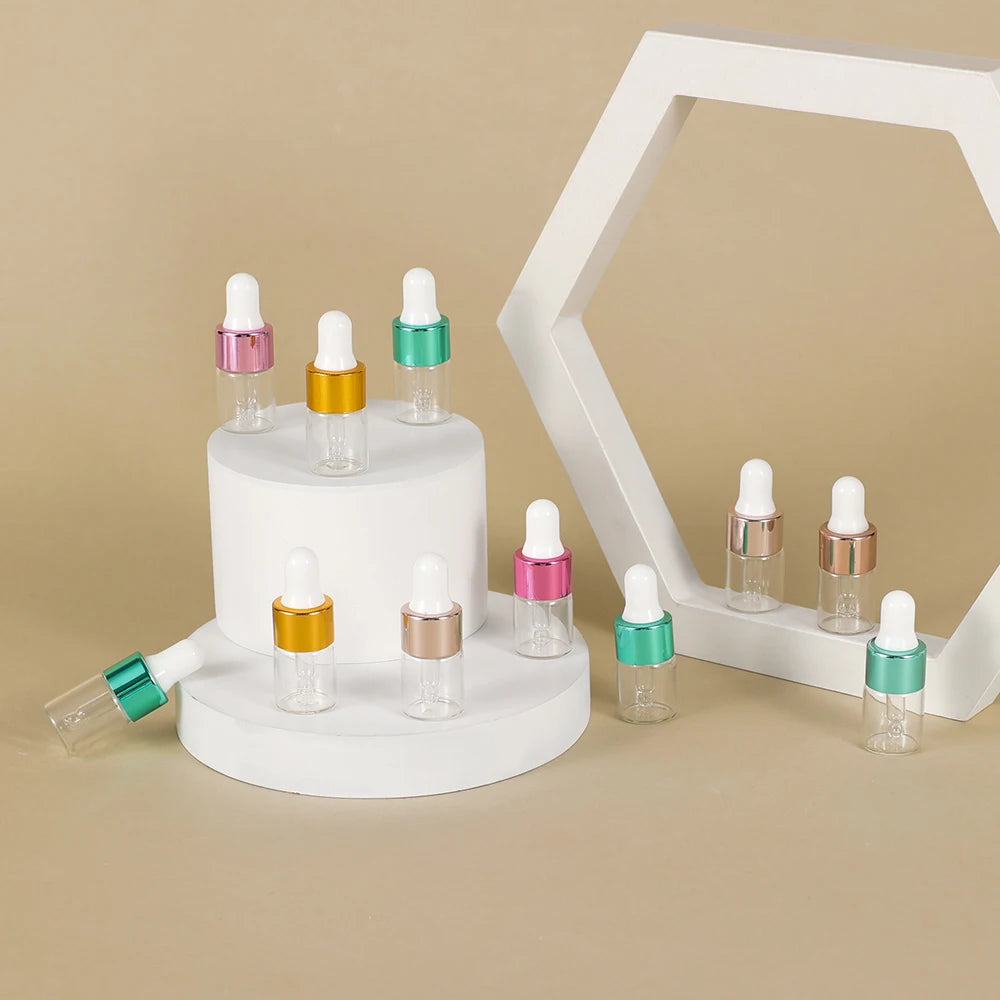 10pcs 2ml Empty Glass Dropper Bottle,Leakproof Essential Oils Sample Liquid Perfume Container for Storage Travel, 4 Colors