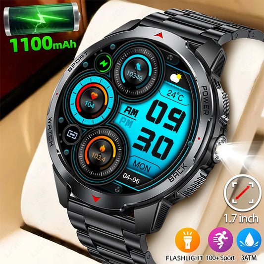 LIGE New 1100mAh Large Capacity Battery Smart Watch Men Sports LED Flashlight Compass 3ATM Waterproof Bluetooth Call Smartwatch
