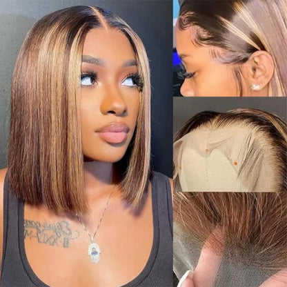 200% Density Short Bob Wigs Highlight Straight Lace Front Wigs Blonde 13x4 Transparent Lace Front Wig 100% Human Hair 427#16Inc