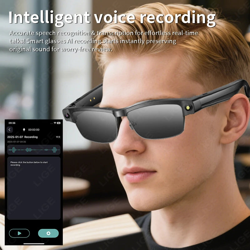LIGE 800W Camera Glasses AI Bluetooth Glasses Call Music Video Recording Noise Reduction Headset Touch Control Smart Sunglasses