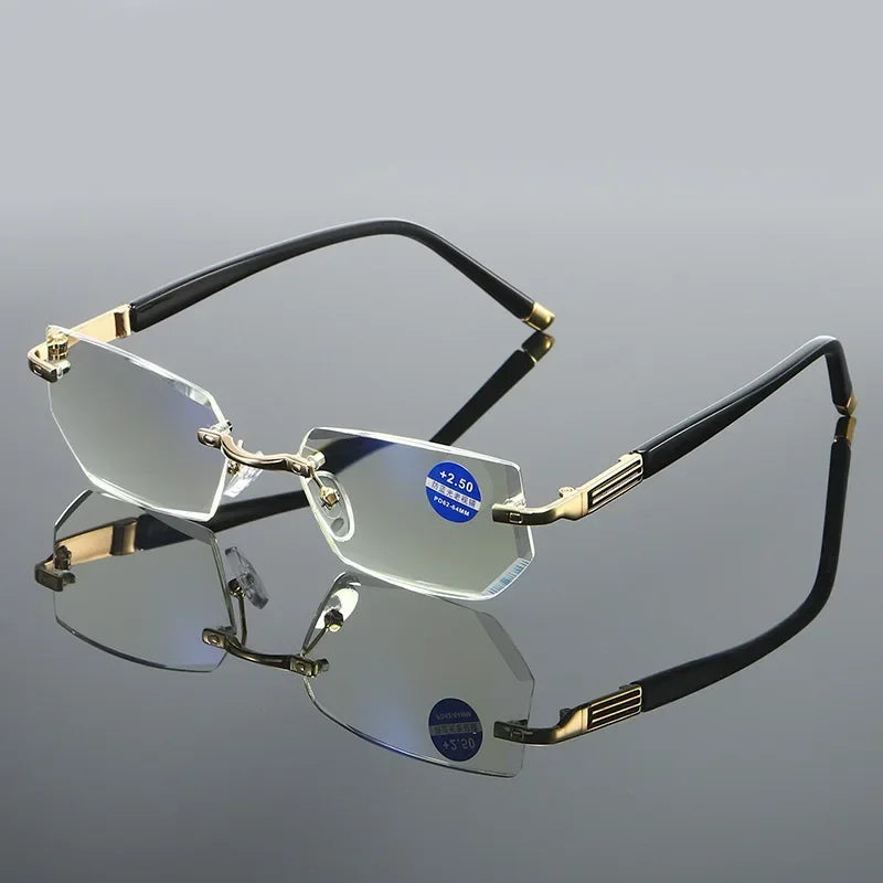 Men Blue Light Blocking Reading Glasses Women Dimond Cutting Rimless Eyeglasses Frame Anti Fatigue Hyperopia Presbyopic Eyewear