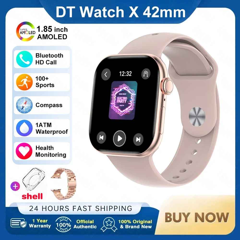 New DT Watch X Mini Smartwatch 3D Menu Video AI Voice NFC 4GB Lang Memory Compass 1.85 Inch AMOLED Super Fast Charge Smartwatch