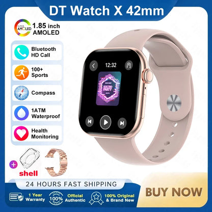 New DT Watch X Mini Smartwatch  3D Menu Video AI Voice NFC 4GB Lang Memory Compass 1.85 Inch AMOLED Super Fast Charge Smartwatch
