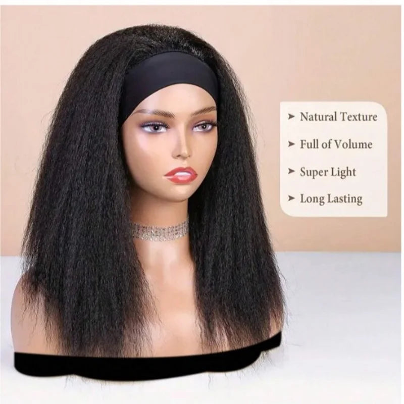 Long Kinky Straight Hair Wigs for Black Women, Synthetic Headband Wig, Hair Band Attached Half Wig, Full Machine Made, None Lace