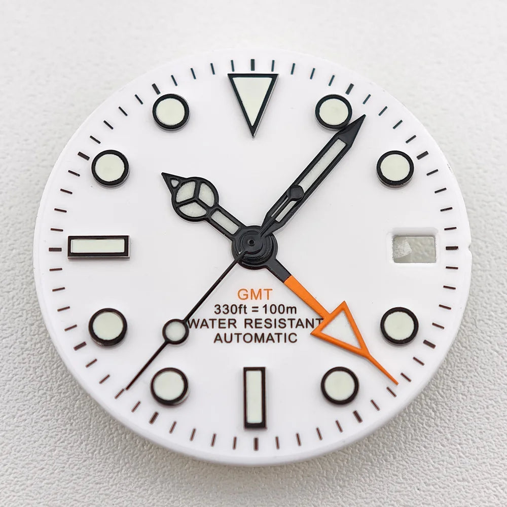 29mm White/Black Sterile Dial Watch GMT Hands Fit NH34Movement Watch parts Custom LOGO Luminous Watch Dial Parts Accessories