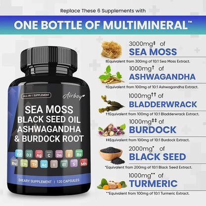 Sea Moss,Black Seed Oil,Ashwagandha & Burdock Root - Promotes Digestion, Bone and Joint Health