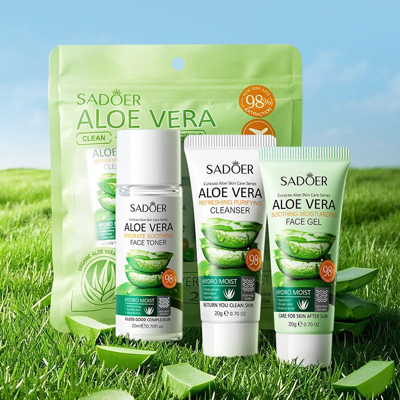 3PCS/SET SADOER Aloe Vera Skin Care Set Face Wash Facial Cleanser Aloe Gel Toner Cream Moisturizing Facial Travel Size Skin Care
