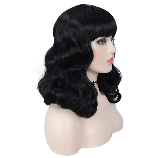 Tereshar Synthetic Short Black Wig with Bangs Rockabilly Vintage Wigs for Women Heat Resistant Short Curly Bettie Page Wig