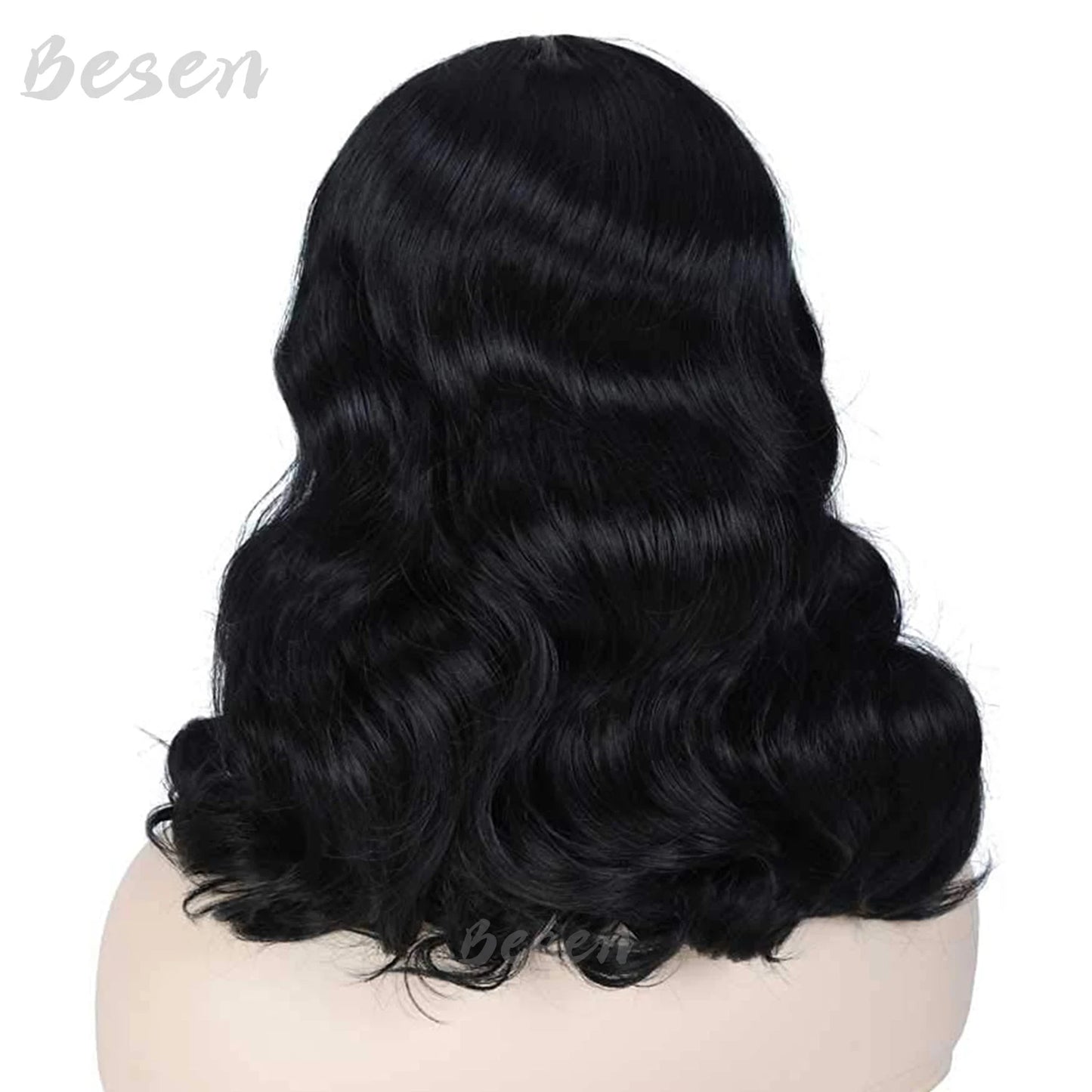 Synthetic 50s Vintage Shoulder Length Black Wigs with Bangs Bettie Page Wigs Natural Wavy Hair Wig for Women Cosplay Halloween