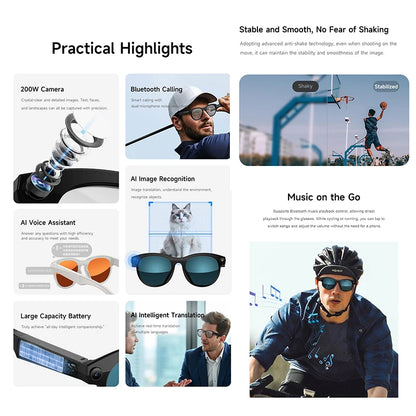 New AI Smart Glasses HD Camera Shooting LED Flashlight Translation AI Recognition Large Battery Touch Control BT Call Sunglasses