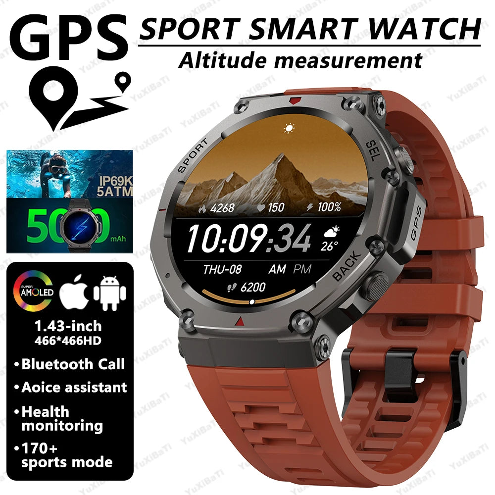 2025 Military Smart Watch for Men Bluetooth Call 5ATM Waterproof Built-in GPS Compass Barometric Altimeter Sports Watches
