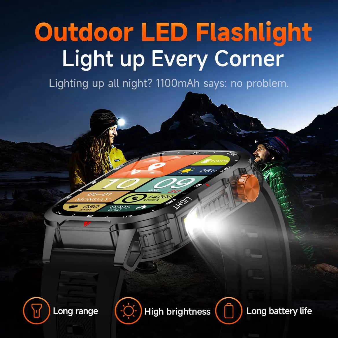 New men's smart watch For xiaomi with flashlight Bluetooth phone built-in compass 1100mAh large-capacity battery video DIY dial