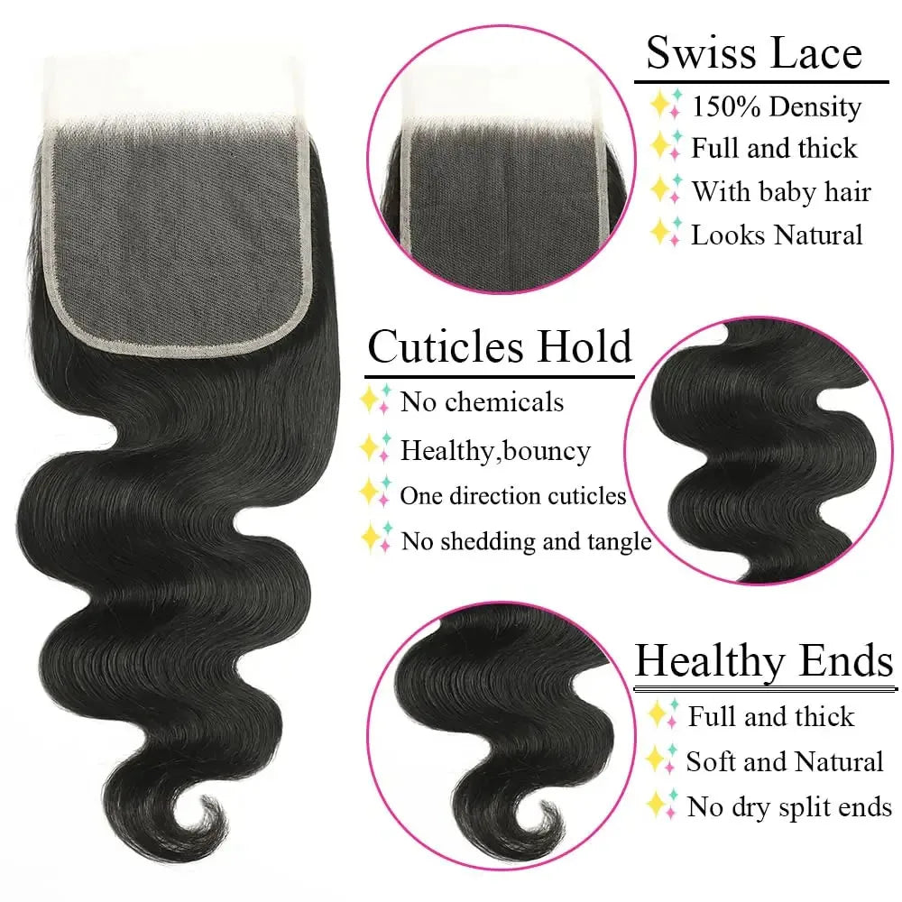 4x4 5x5 Body Wave Closure 6x6 Human Hair Lace Frontal Closure For Women Hair Extensions Swiss Lace  Brazilian Human Hair