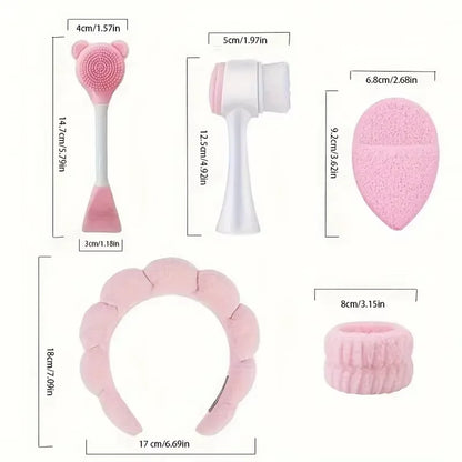 7-piece makeup and face wash beauty set, including 3 headband sets, 1 cosmetic bag, 2 face wash brushes and 1 powder puff