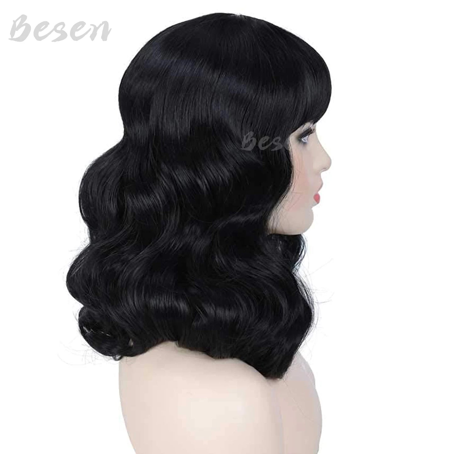 Synthetic 50s Vintage Shoulder Length Black Wigs with Bangs Bettie Page Wigs Natural Wavy Hair Wig for Women Cosplay Halloween