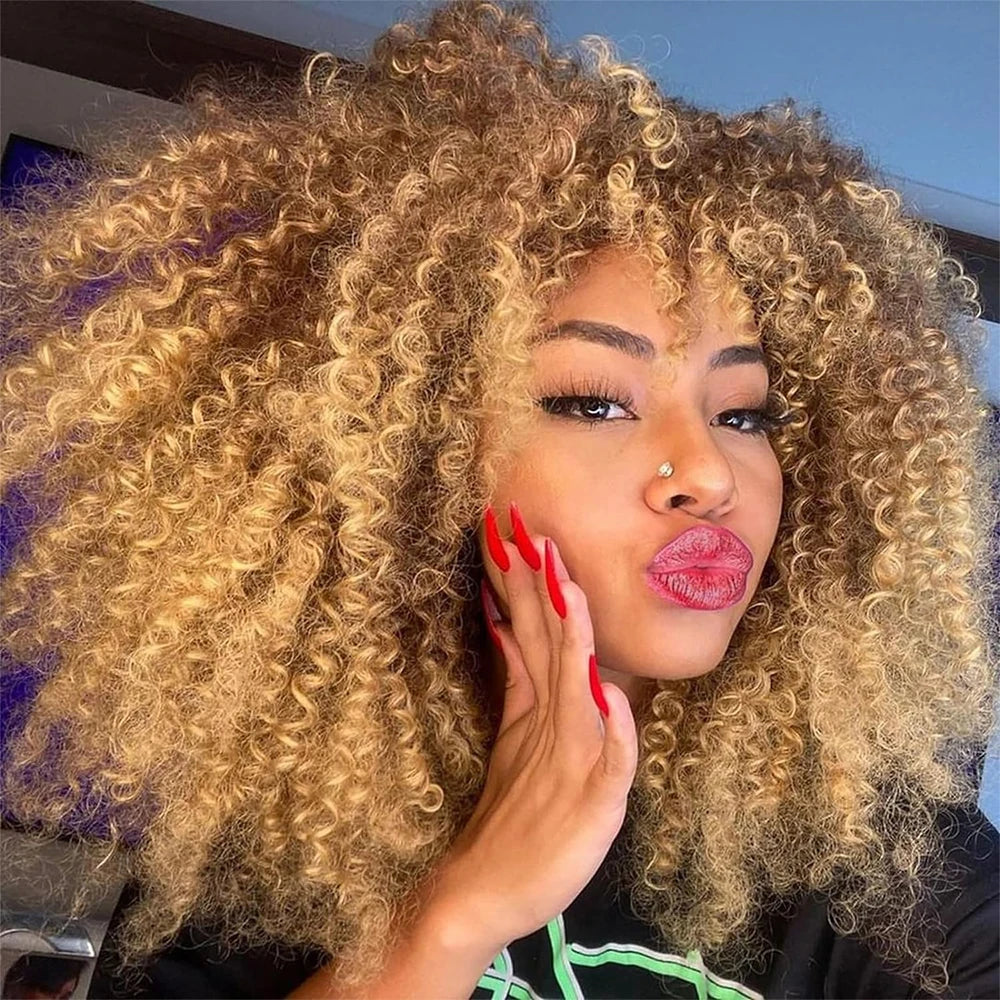 Curly Afro Wigs for Black Women Synthetic Afro Kinky Curly Wig with Bangs Heat Resistan Short Kinky Curly Wigs for Daily Party