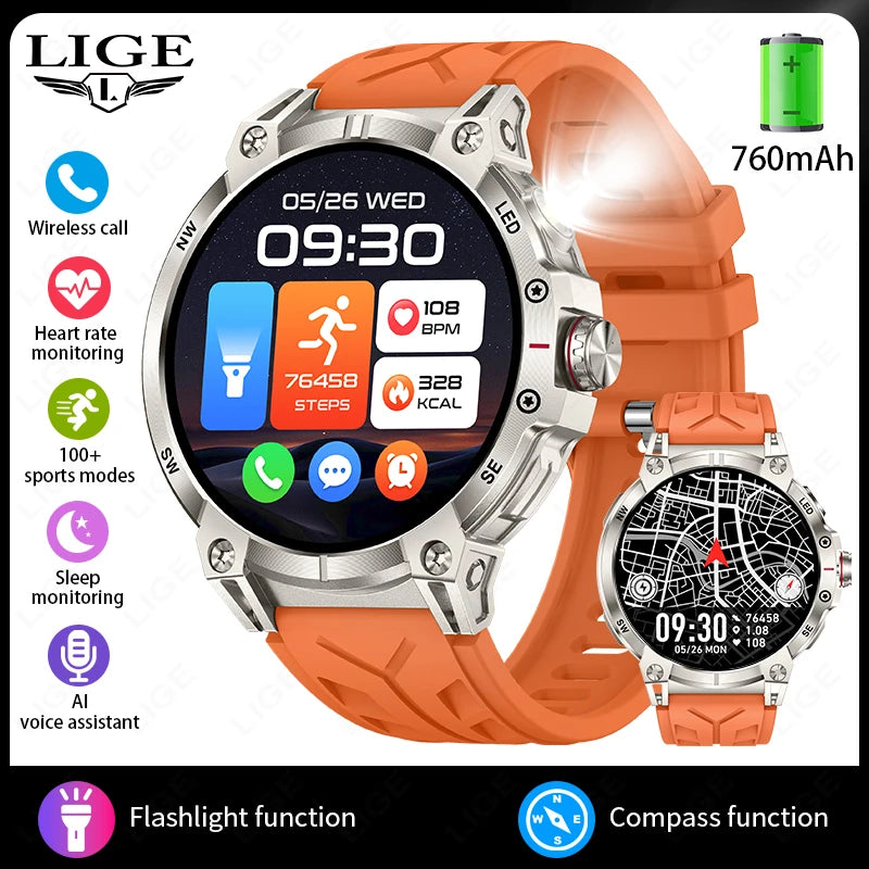 LIGE 760mAh Large Battery Outdoor Smart Watch Men 1.85 inch HD Screen GPS Compass Bluetooth Call IP68 Waterproof Smartwatch 2025