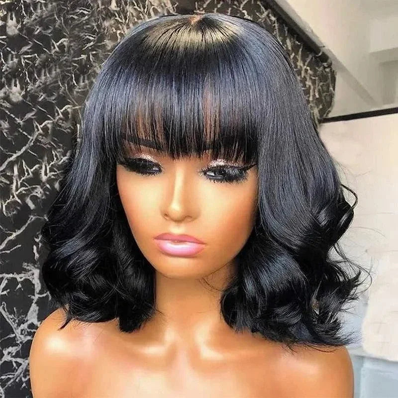 Natural Wavy Human Hair Wigs with Bangs Loose Wave Curly Wigs for Women None Lace Front Wigs Brazilian Remy Human Hair for Daily