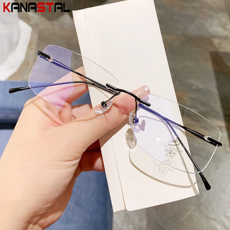 Men Rimless Prescription Glasses Reading Myopia Optical Lenses Eyewear Women Blue Light Blocking Titanium Metal Eyeglasses Frame