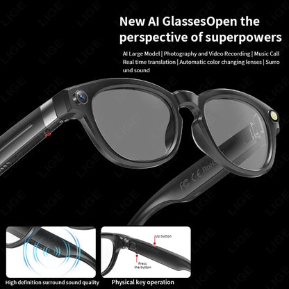 LIGE AI Smart Camera Glasses 4K HD With Long-lasting Battery Voice Assistant Control Calling Music Outdoor Photochromic Lenses