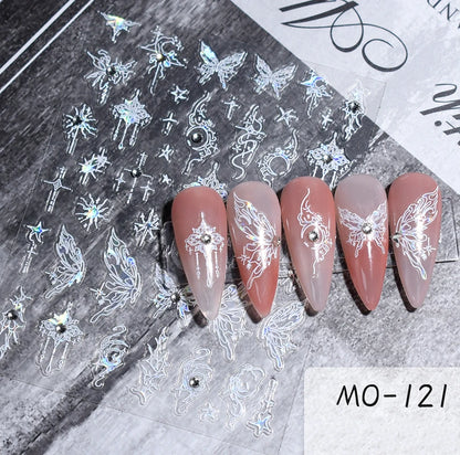 5d Embossed Nail Art Stickers Golden Lines Semi-Transparent Purple Blue Flowers Decals Decorations For Nail Tips Manicures