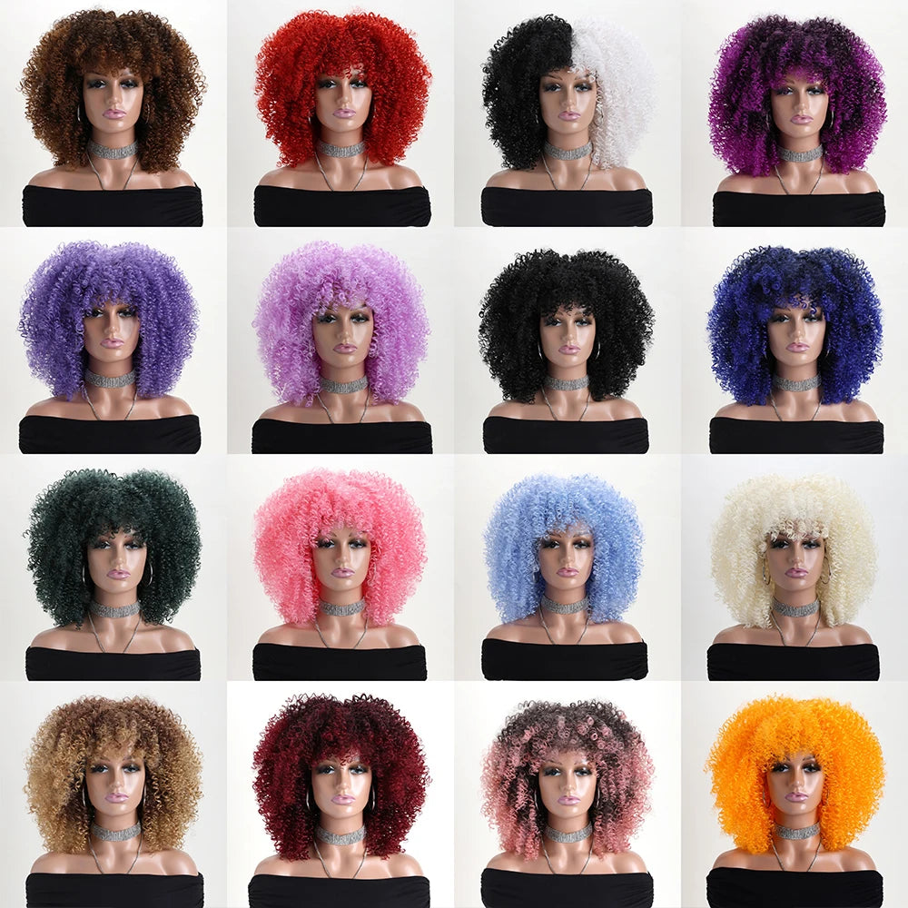 16 Inch Afro Kinky Curly Synthetic Hair Gradient Purple Wigs With Bangs Soft Fluffy Fiber  Wigs For Party Cosplay Daily Use