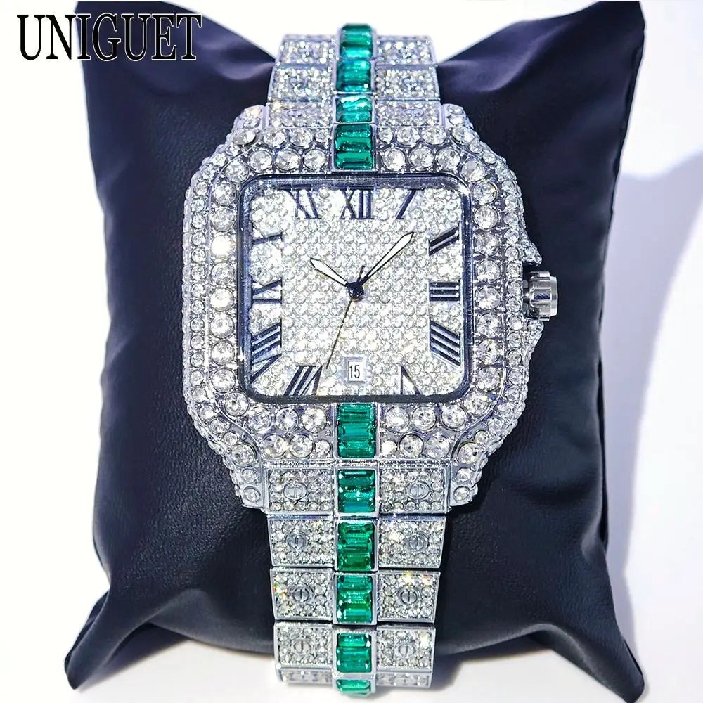 Hot Fashion Full Diamond Watch Men UNIGUET Brand Hip Hop Iced Out Bling Jewelry Square Quartz Wristwatch For Man Dropshipping