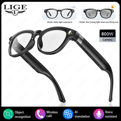 LIGE AI Smart Camera Glasses 4K 800W HD Video Recording 290mAh Battery Voice Control Translation BT Calling Color-change Lenses
