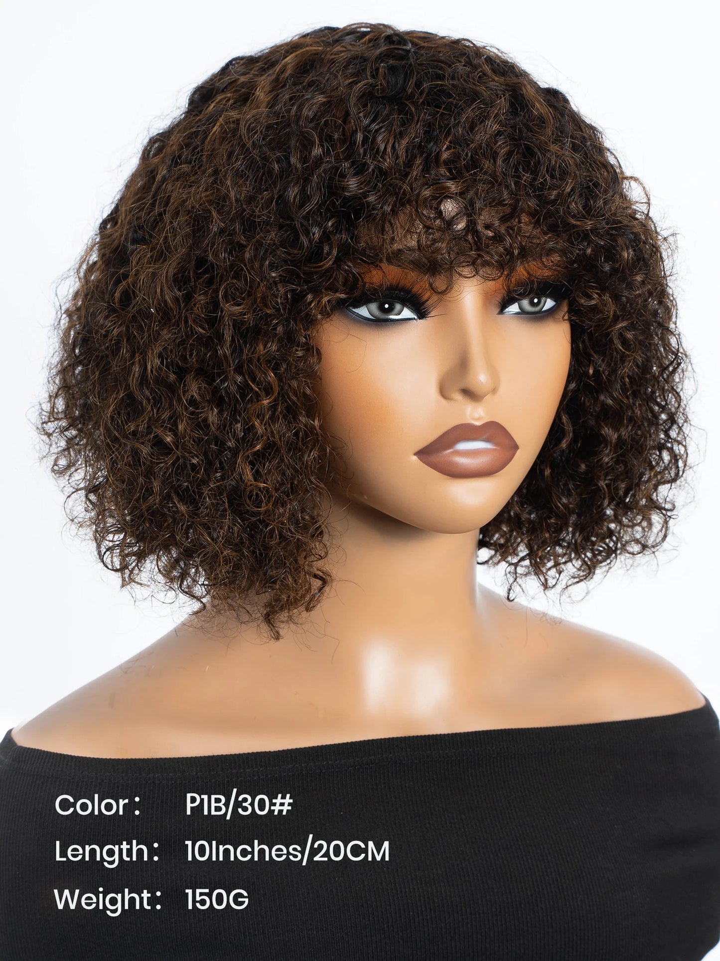 Black Pearl Jerry Curly Wig with Bangs100% Human Hair Short Pixie Cut Fringe Style Natural Curly Perruque Lightweight