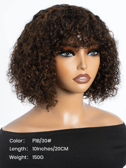 Black Pearl Jerry Curly Wig with Bangs100% Human Hair Short Pixie Cut Fringe Style Natural Curly Perruque Lightweight
