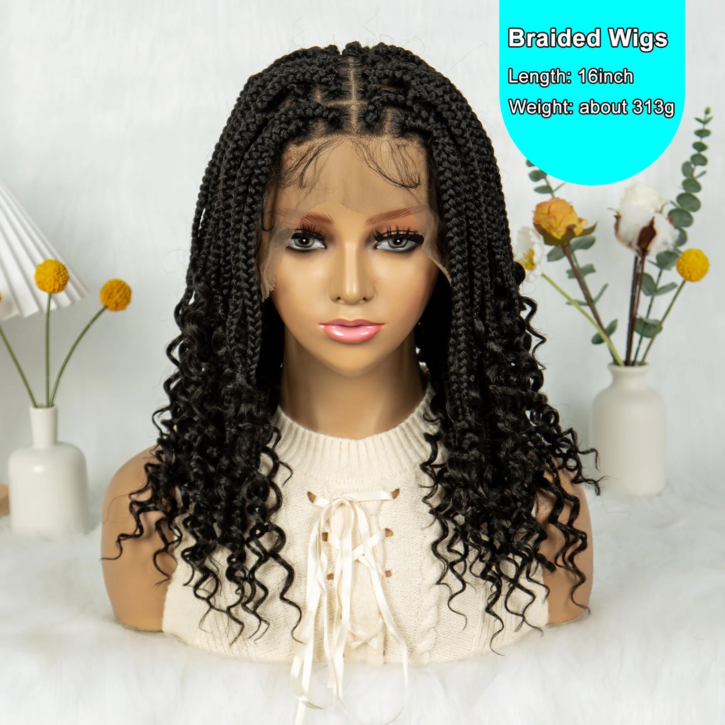 Knotless Box Braided Wigs with Curly Ends Synthetic Full Lace Boho Braided Lace Wigs Lace Frontal Braids Wig for Black Women
